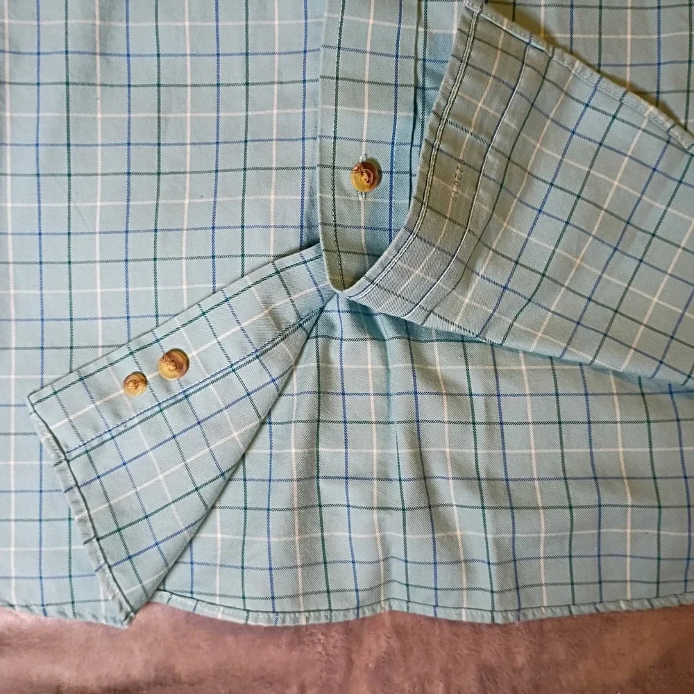 LL Bean Mens Large Short Sleeve Plaid Button Down Shirt Teal Blue Wrinkle Free